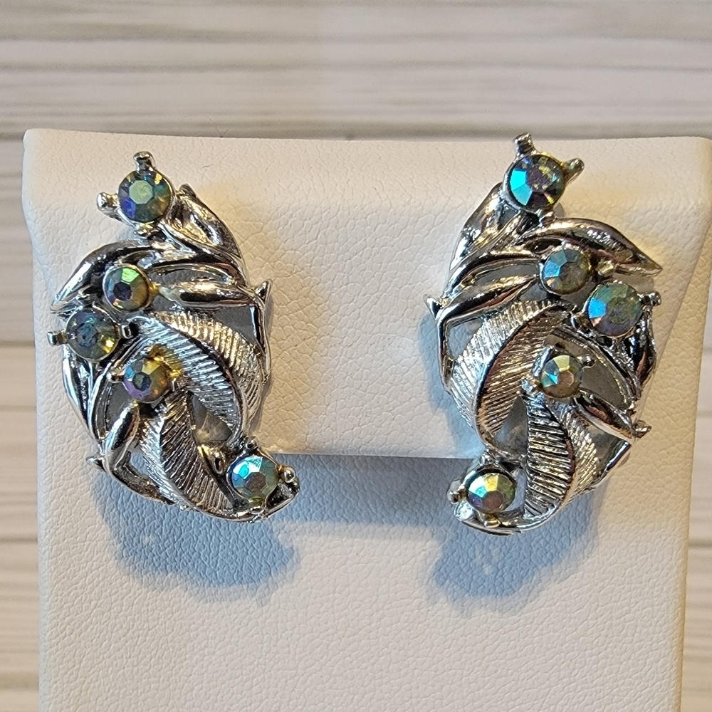 Vintage AB Rhinestone Leaf Vine Silver Tone Ear Climber Clip On Earrings